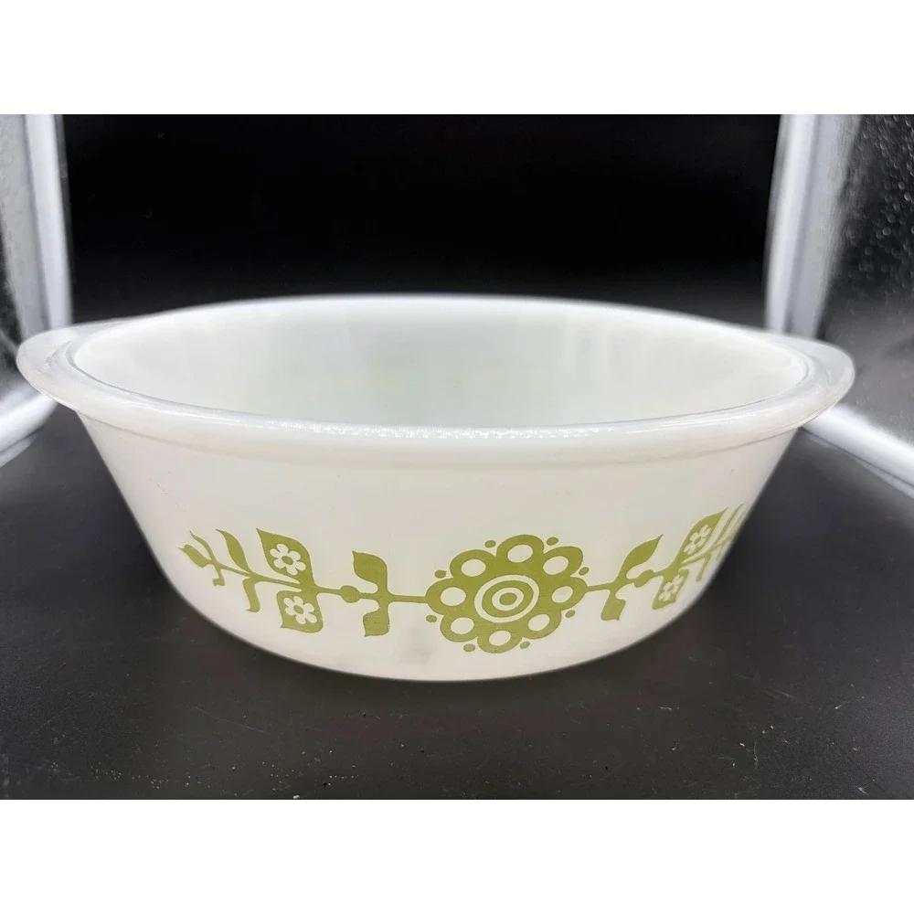 Vintage Glass Bake Casserole Dish Green Floral Milk Glass